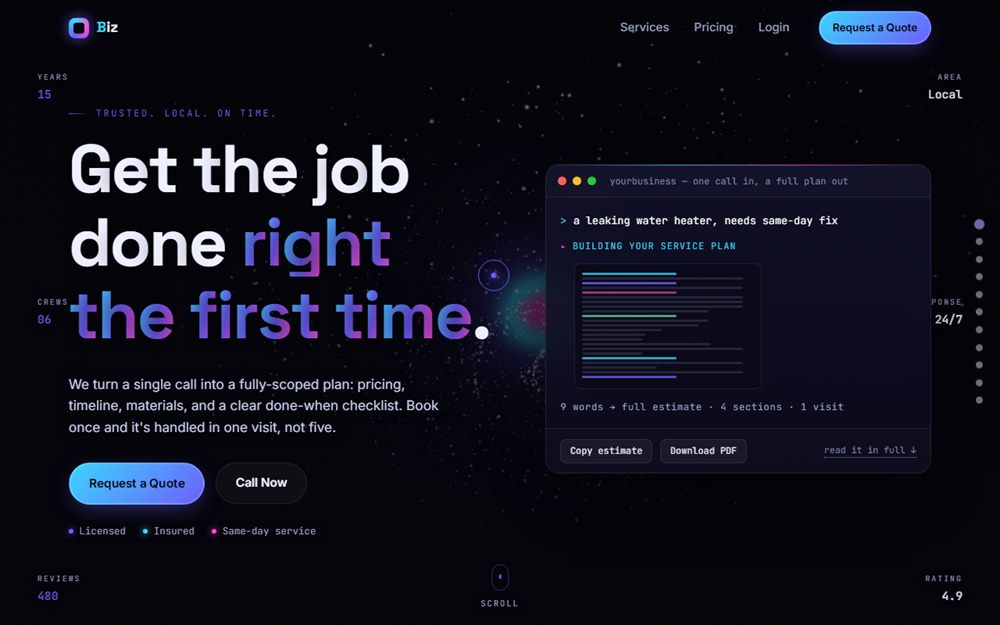 Screenshot of the Tech Business Site Template landing page hero